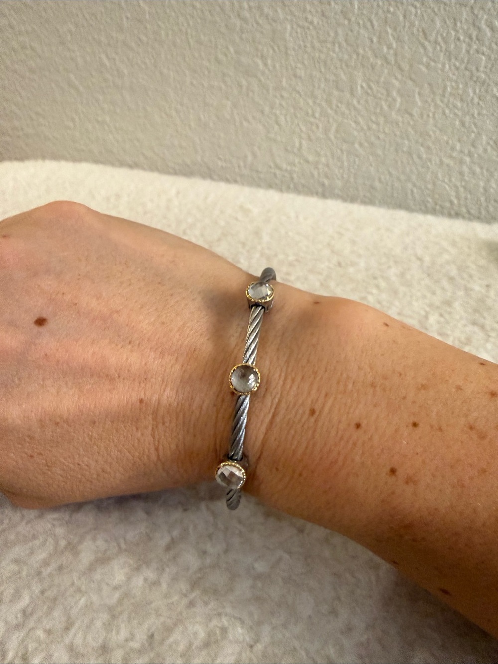 Charriol 3 Station Steel Cable Bangle Bracelet with Faceted White Topaz
